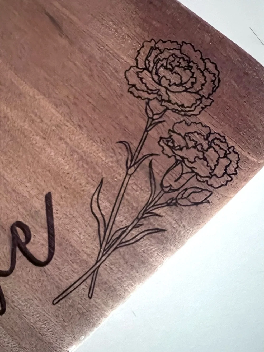 Wooden Cheese, Charcuterie Cutting Board. Engraved with ‘Love” & Carnations
